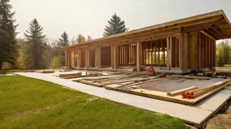 Casa de madera en construcción con trabajadores
