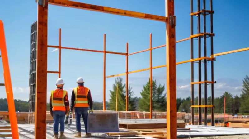 Sitio de construcción moderno con trabajadores y materiales