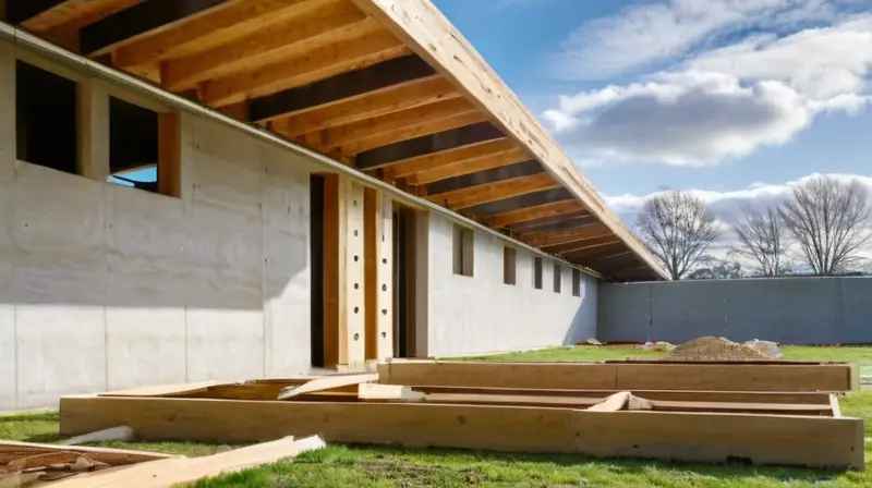 Casa moderna en construcción con trabajadores