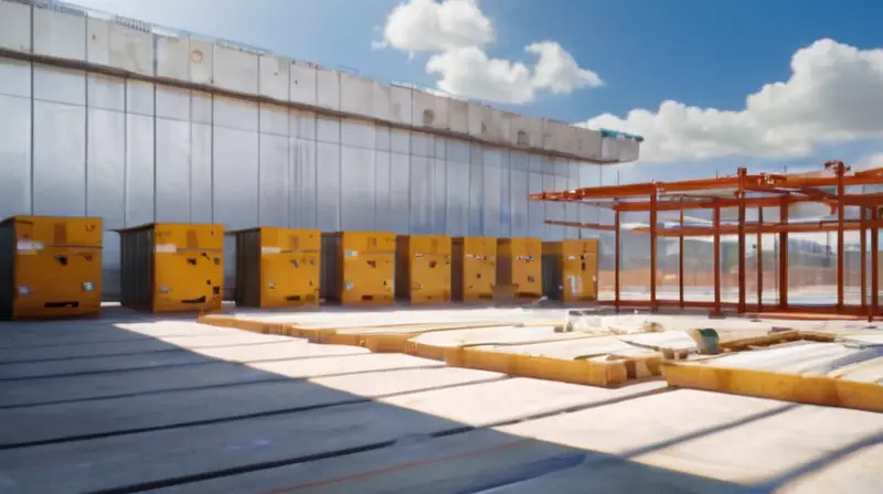 Obra moderna con módulos y trabajadores activos