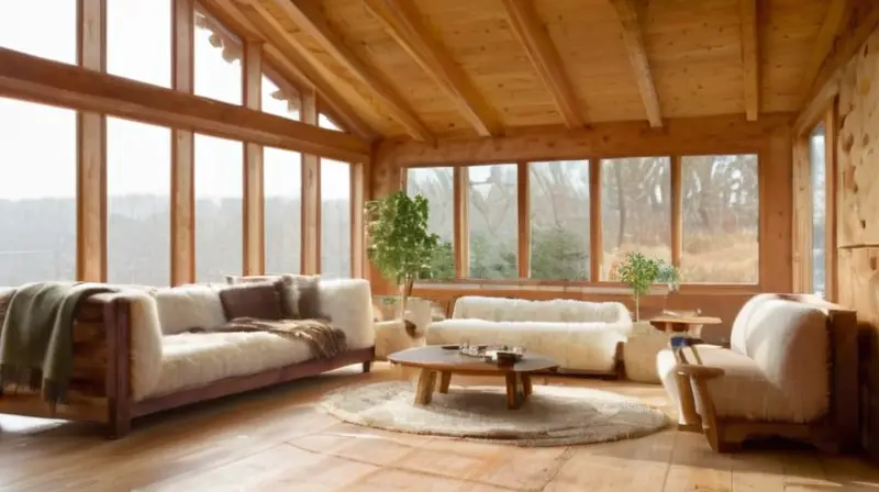Sala acogedora con madera, luz natural y confort