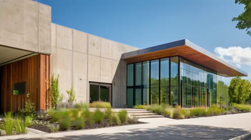 Edificio industrial moderno con sostenibilidad y naturaleza