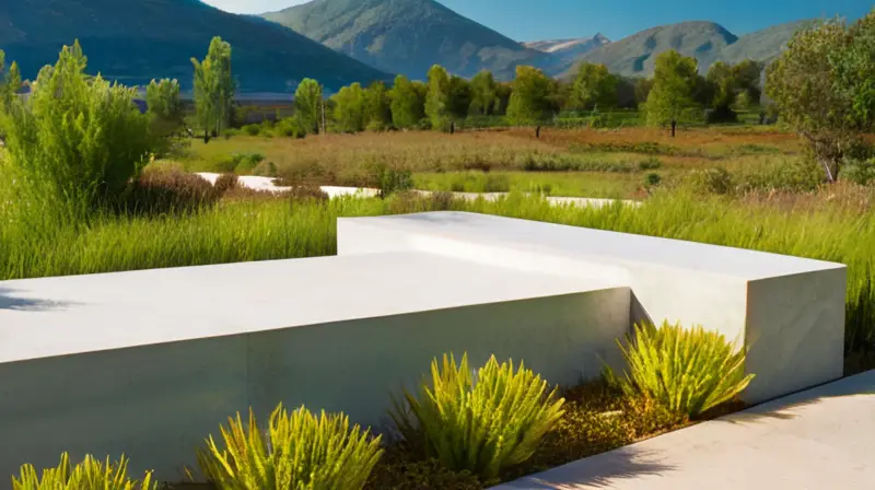 Paisaje dinámico con módulos y vegetación