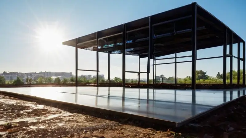 Obra moderna con luz, sombras y trabajadores