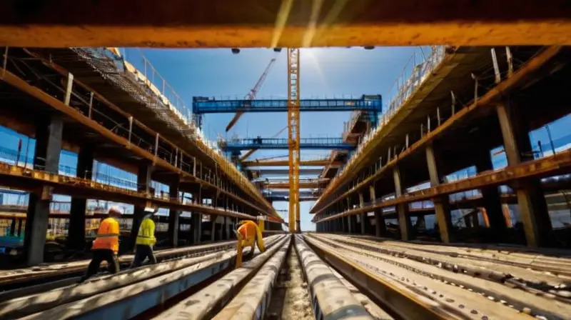 Construcción vibrante con trabajadores y maquinaria